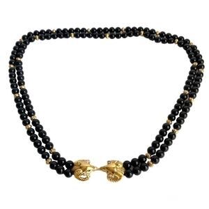 Vintage Kenneth Jay Lane Rams Head Necklace KJL Black Gold Beaded Multi-strand